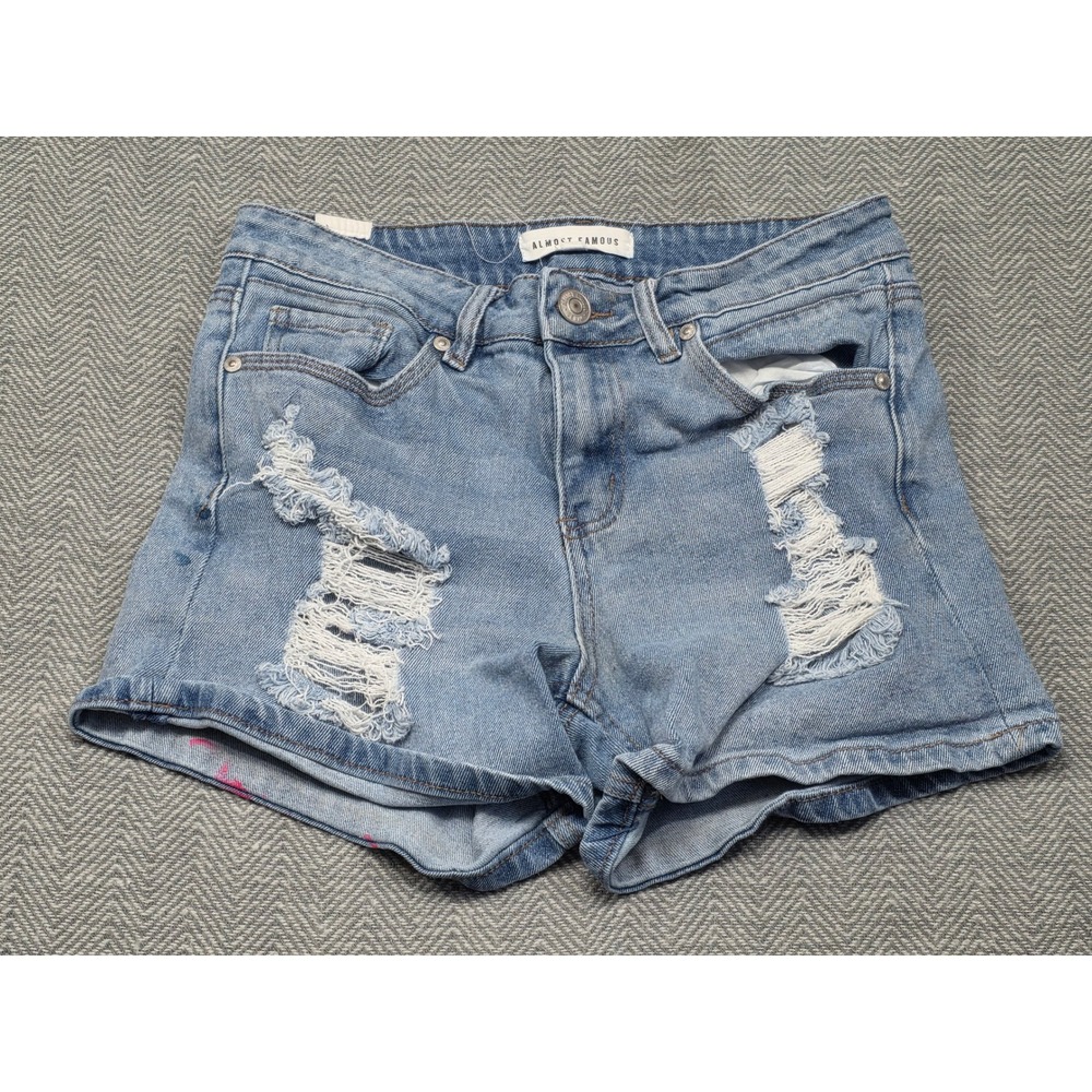 Almost Famous Distressed Denim Shorts Light Wash Pink Handprint Graphic Size 3